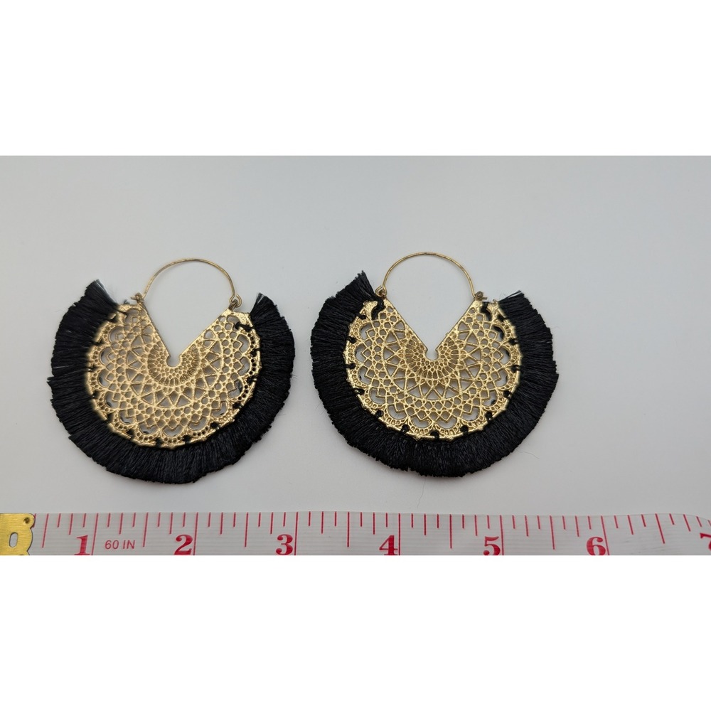 Black Fringe Gold Filigree Fan Hoop Earrings Boho Statement Jewelry